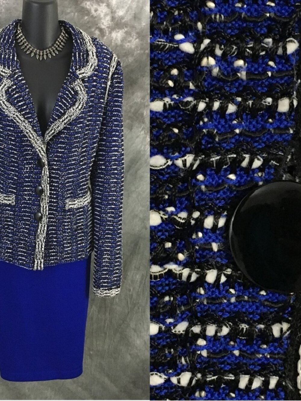 BEAUTIFUL St John knit blue black multi jacket skirt suit size 12